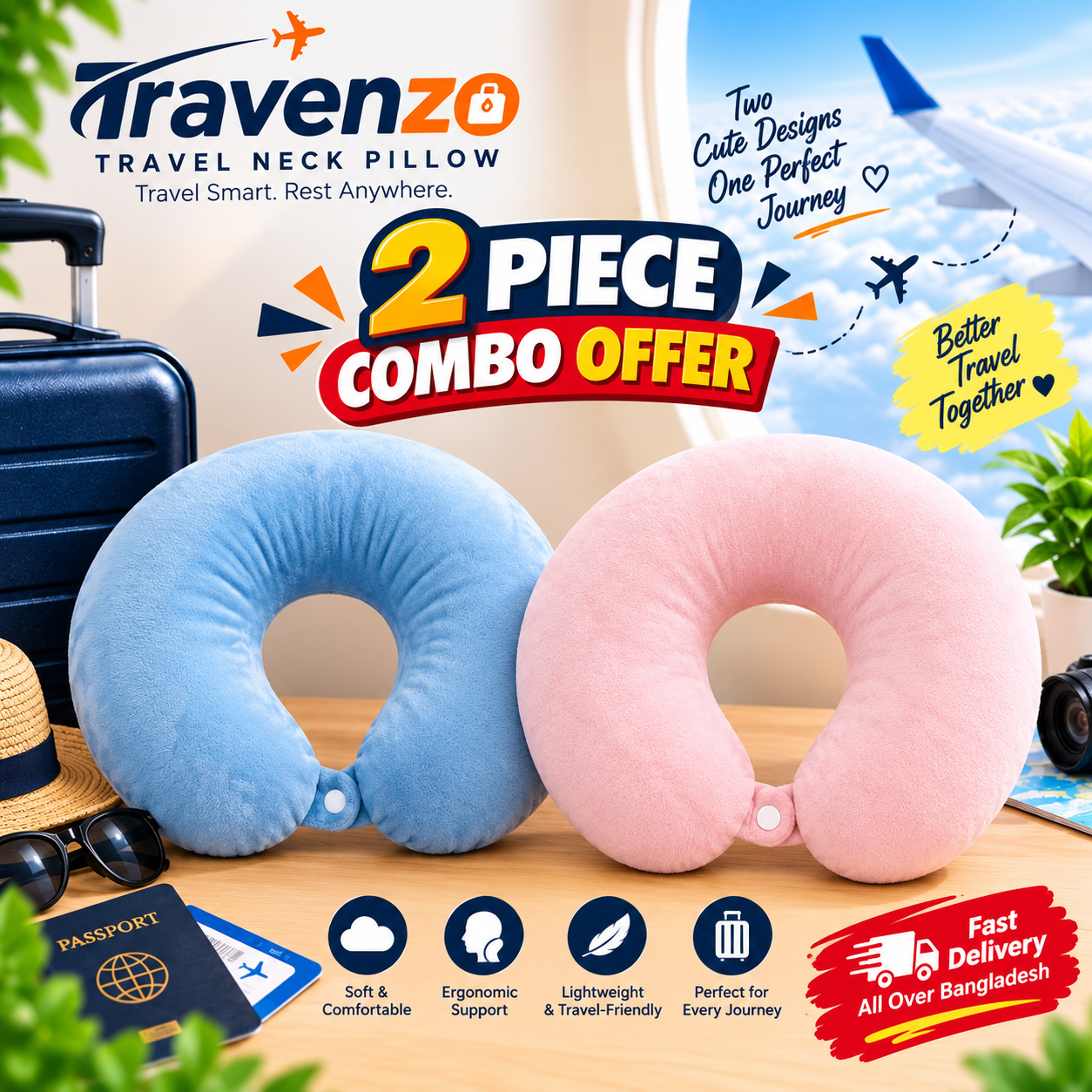 Solid Travelling nick pillow Combo 2 | Sky| pink