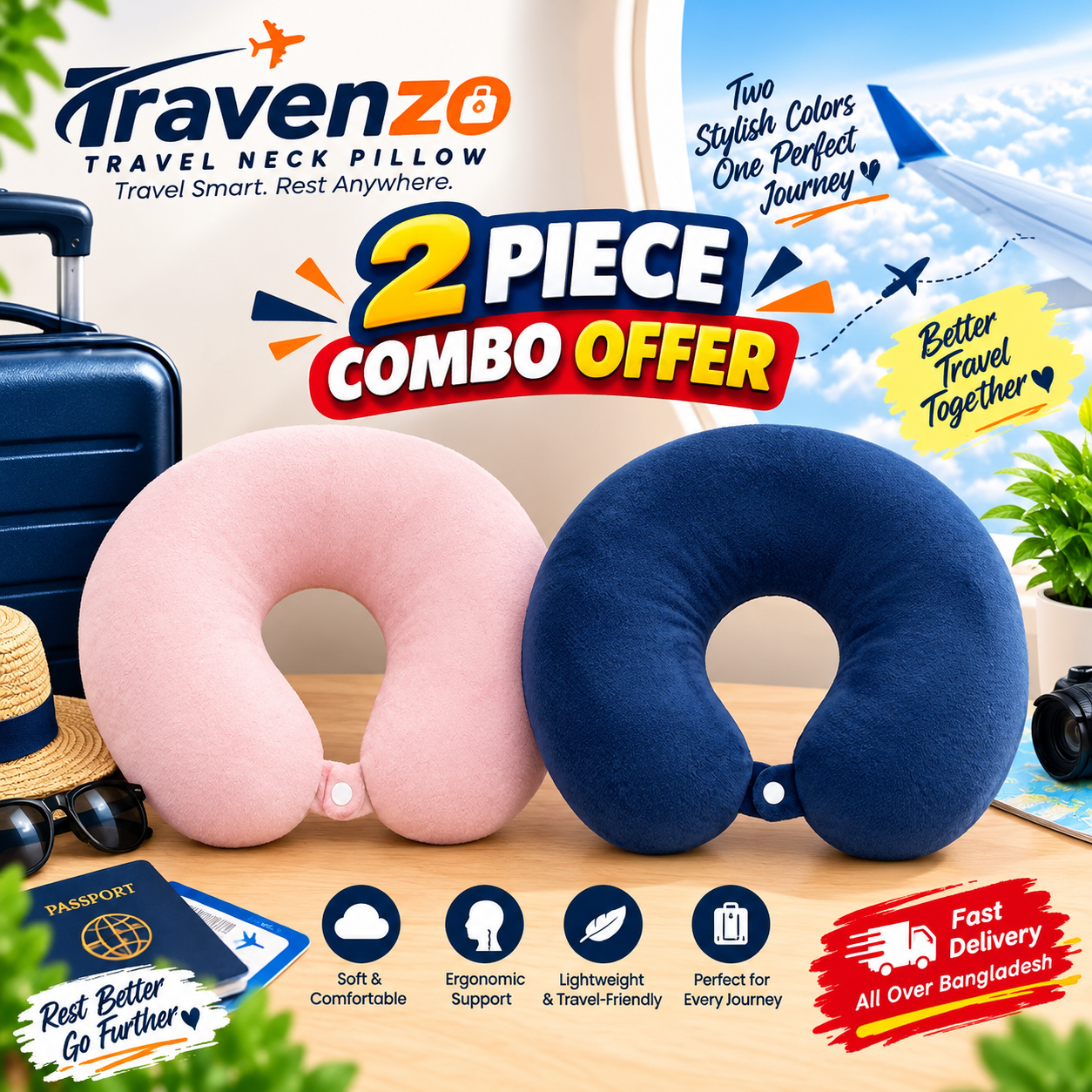 Solid Travelling nick pillow Combo 2 | Pink | Blue